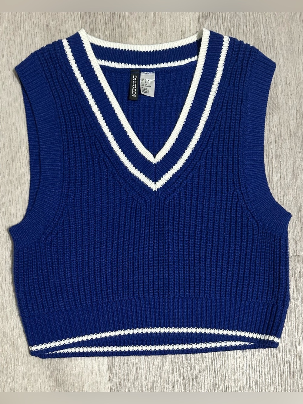 H&M Royal Blue V-Neck Knit Sweater Vest with White Trim